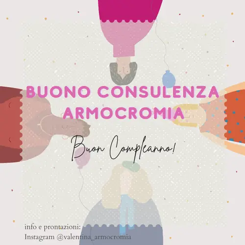 Buono consulenza armocromia, Buon compleanno, con illustrazione di mani e palloncini